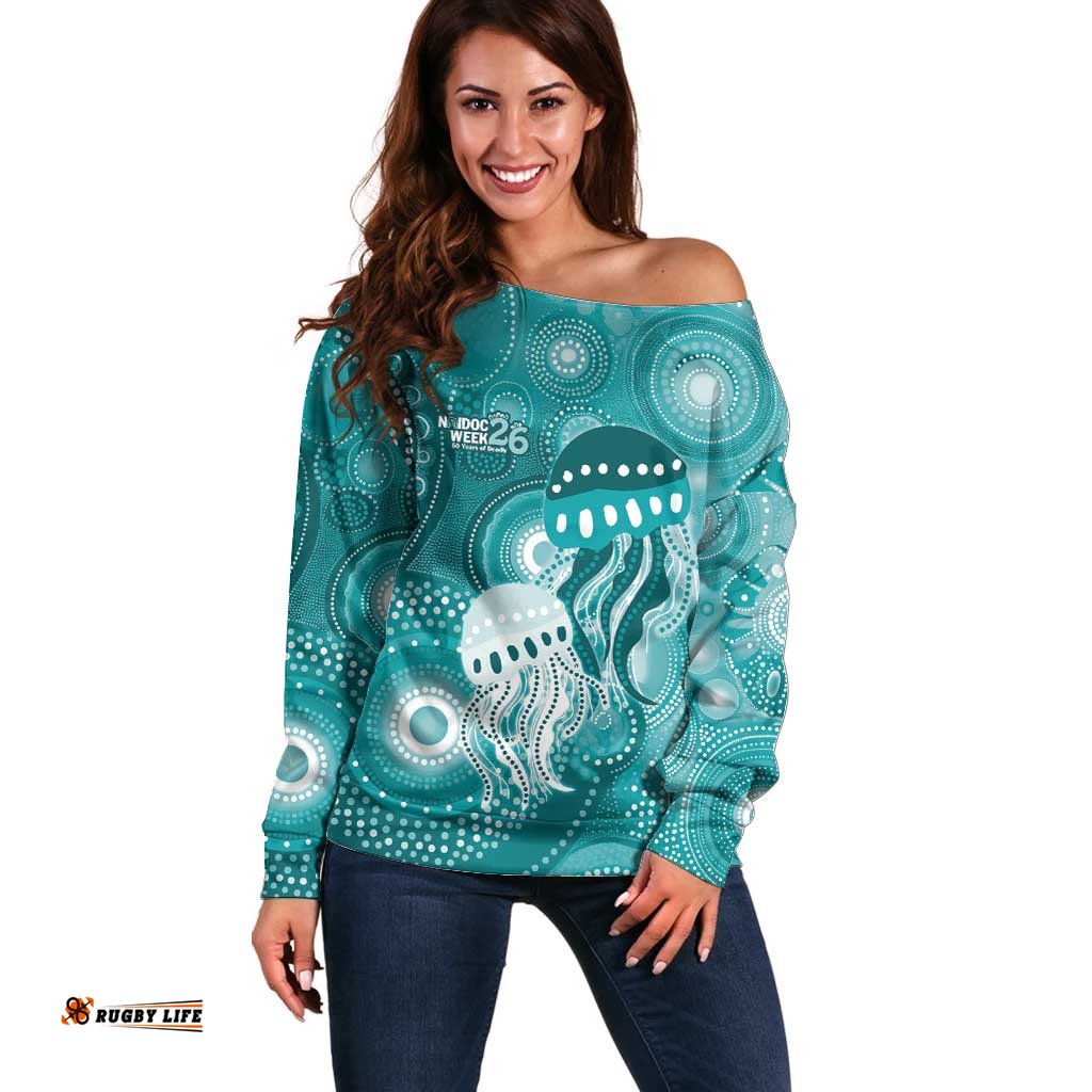 NAIDOC Deadly 50 Years Off Shoulder Sweater Jellyfish Aboriginal Culture Inspired Turquoise LT9