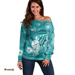 NAIDOC Deadly 50 Years Off Shoulder Sweater Jellyfish Aboriginal Culture Inspired Turquoise LT9