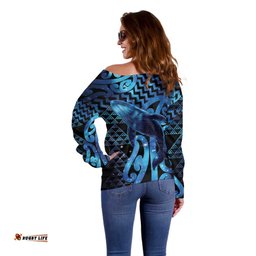 Humpback Whale Matariki New Zealand Off Shoulder Sweater NZ Maori Paikea Poutama Luxury Blue LT14
