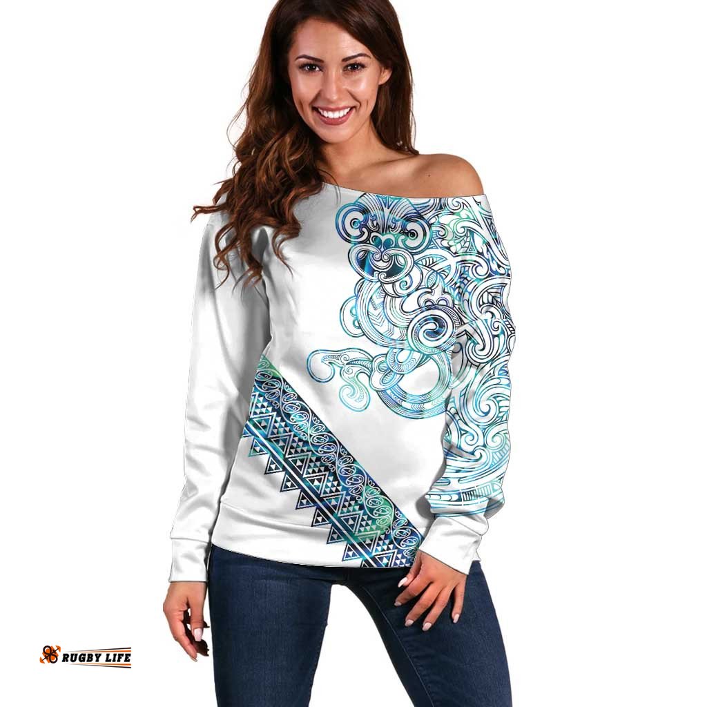 Kahui Whetu Paua shell Kowhaiwhai Taniko Personalised Off Shoulder Sweater Taniwha Maori Tribal Style LT9