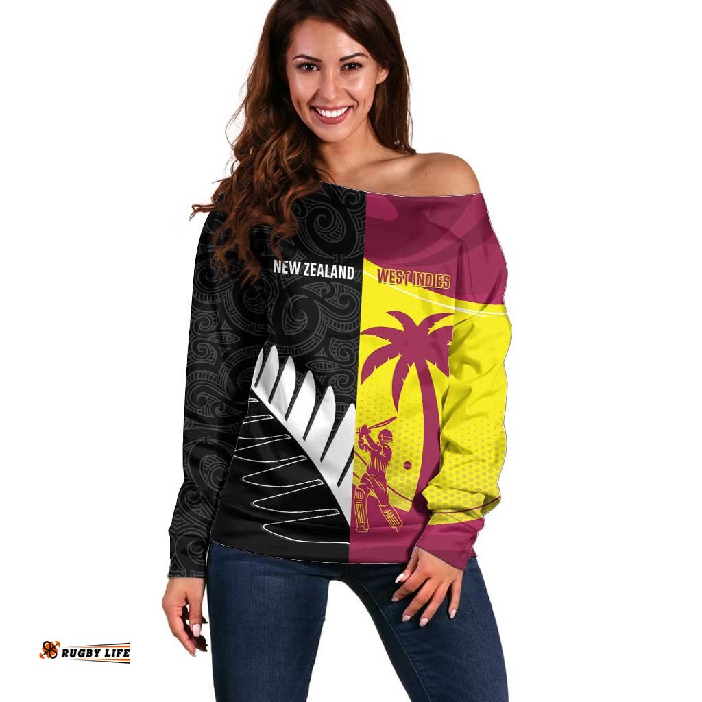 New Zealand and West Indies Cricket Custom Off Shoulder Sweater Black Cap Windies Together LT14