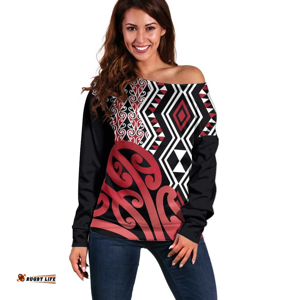 New Zealand Off Shoulder Sweater Aotearoa Kowhaiwhai Mix Taniko Art - Red LT14