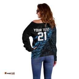 New Zealand Lawn Bowls Custom Off Shoulder Sweater Blue Maori Warrior Tribal Silver Fern LT9