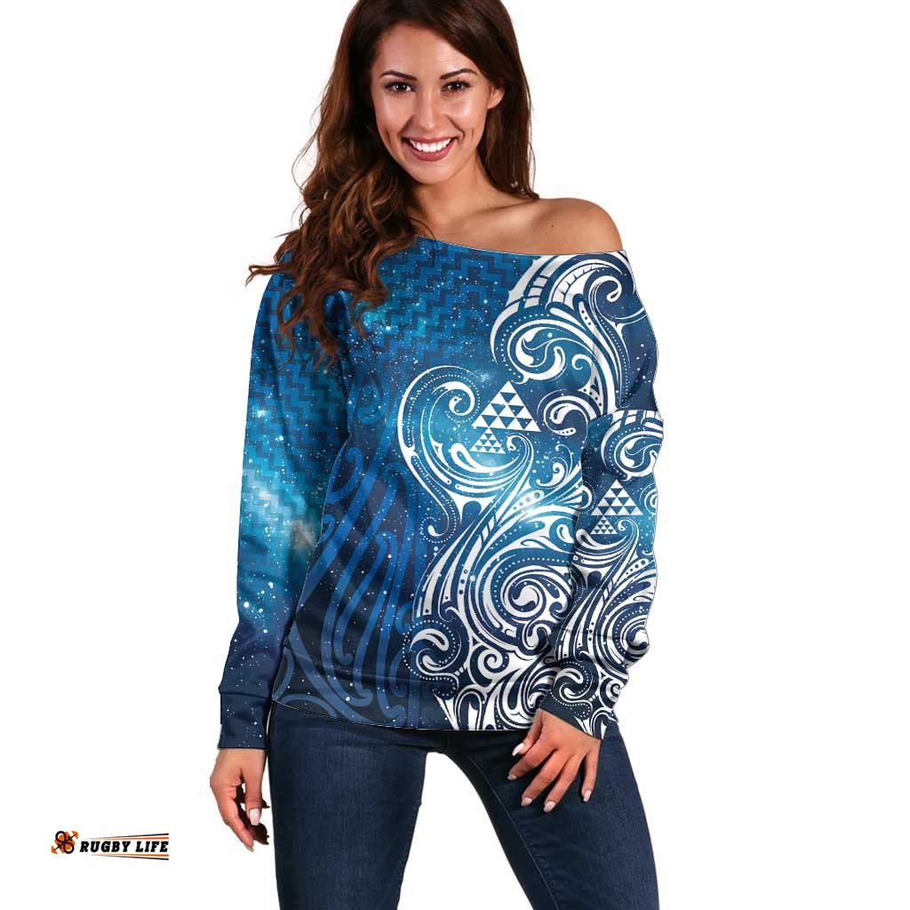 Matariki Galaxy Off Shoulder Sweater Maori Taniko Pattern LT9