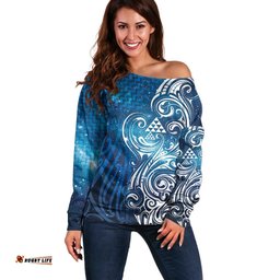 Matariki Galaxy Off Shoulder Sweater Maori Taniko Pattern LT9