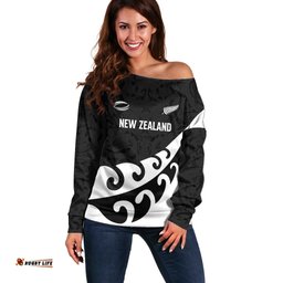 Custom NZ Rugby Off Shoulder Sweater Koru and Silver Fern Sporty Style LT03