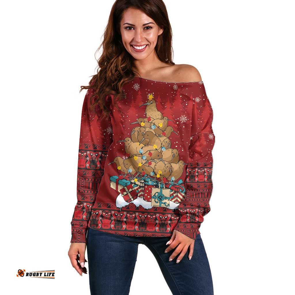 Funny Kiwi Bird Xmas Tree Off Shoulder Sweater New Zealand Tribal Christmas Spirit LT9