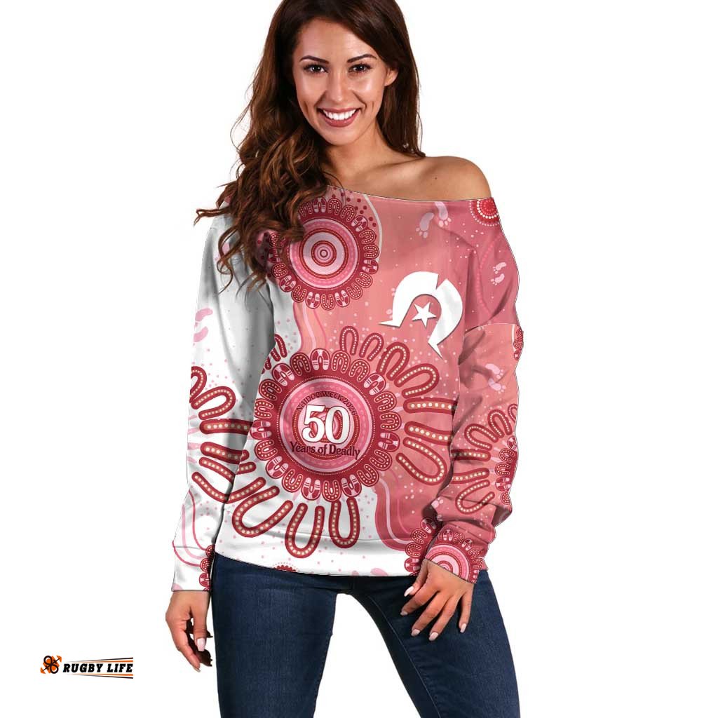 NAIDOC Week 2026 Off Shoulder Sweater 50 Years Deadly Dhari Pink Aboriginal Art LT14