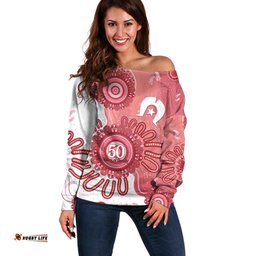 NAIDOC Week 2026 Off Shoulder Sweater 50 Years Deadly Dhari Pink Aboriginal Art LT14