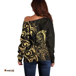 Gold And Black Aoteara Horse Racing Off Shoulder Sweater NZ Maori Pattern LT14