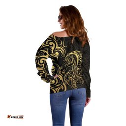 Gold And Black Aoteara Horse Racing Off Shoulder Sweater NZ Maori Pattern LT14