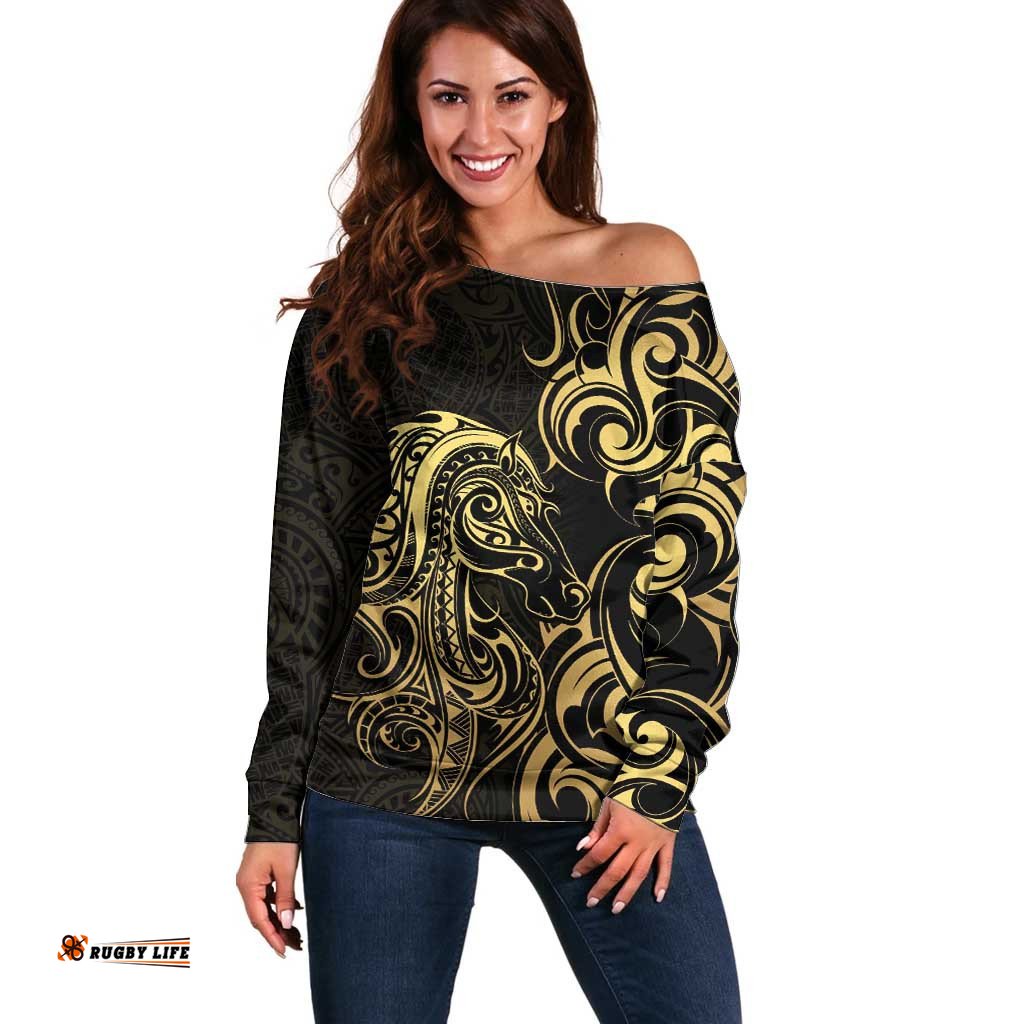 Gold And Black Aoteara Horse Racing Off Shoulder Sweater NZ Maori Pattern LT14