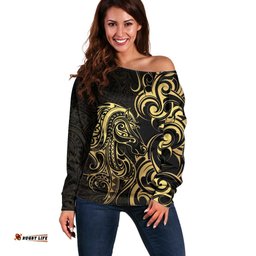 Gold And Black Aoteara Horse Racing Off Shoulder Sweater NZ Maori Pattern LT14
