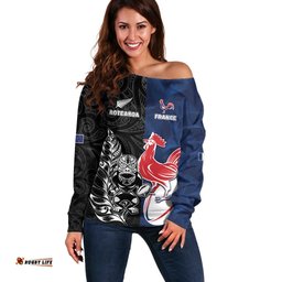France And New Zealand Rugby Custom Off Shoulder Sweater Les Bleus Rooster With Maori Tiki LT05
