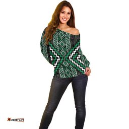 Jade Tukutuku Pattern Aotearoa Off Shoulder Sweater Niho Taniwha and Puhoro Motifs LT7