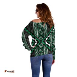Jade Tukutuku Pattern Aotearoa Off Shoulder Sweater Niho Taniwha and Puhoro Motifs LT7
