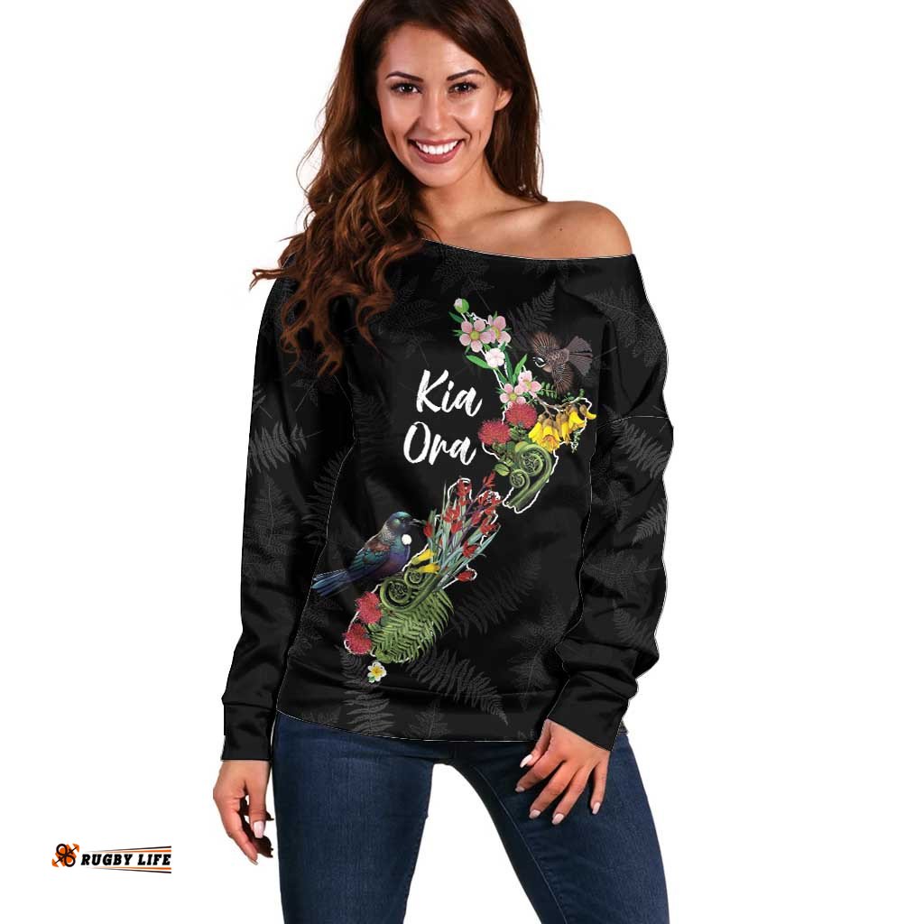 Kia Ora New Zealand Floral Personalized Off Shoulder Sweater Black LT7