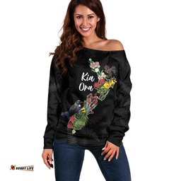 Kia Ora New Zealand Floral Personalized Off Shoulder Sweater Black LT7