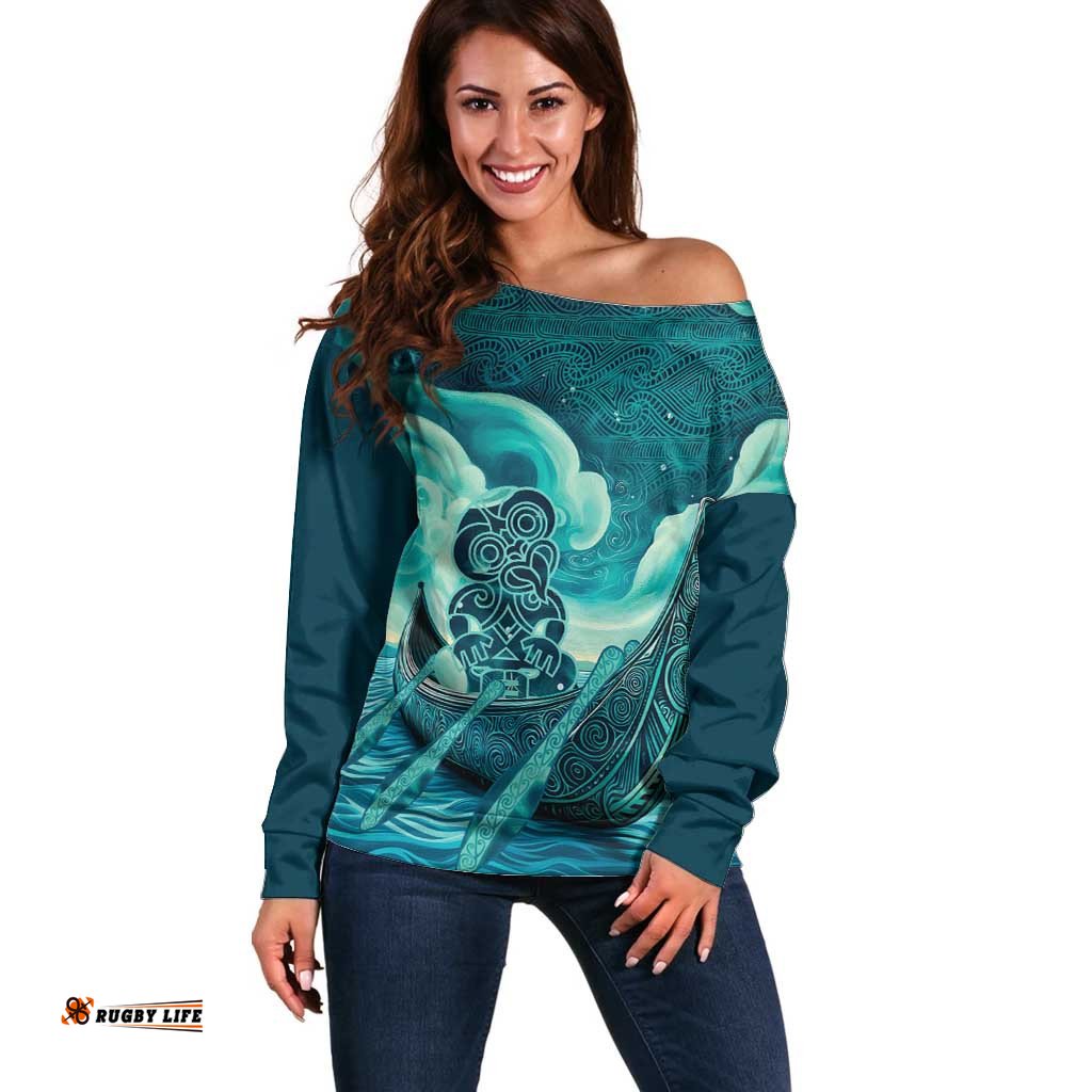 Personalised New Zealand Waitangi Day Off Shoulder Sweater Hei Tiki With Maori Waka - Whakarare Pattern LT14