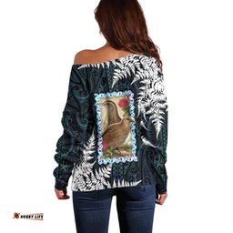 New Zealand Weka Off Shoulder Sweater Maori Hen Koru Pattern LT05