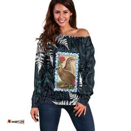 New Zealand Weka Off Shoulder Sweater Maori Hen Koru Pattern LT05