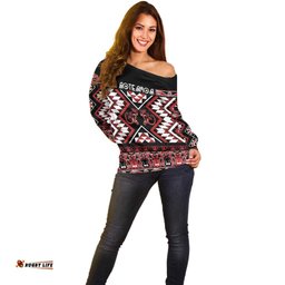 Personalised Aotearoa Waitangi Off Shoulder Sweater Taniko Motifs - Mania Gecko LT7