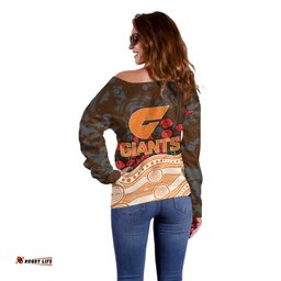 GWS Giants ANZAC Day Off Shoulder Sweater Indigenous Dot Art with Poppy Flower Tribute TS04