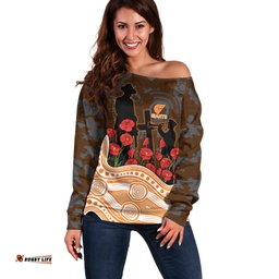 GWS Giants ANZAC Day Off Shoulder Sweater Indigenous Dot Art with Poppy Flower Tribute TS04