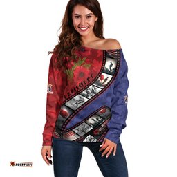 Personalised ANZAC Spirit 1915-2026 Filmstrip Tribute Off Shoulder Sweater Lest We Forget 25 April LT9