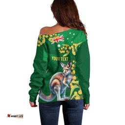 Green Kangaroo and Golden Wattle Personalised Off Shoulder Sweater Happy Australia Day 6 January LT9
