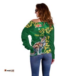 Green Kangaroo and Golden Wattle Personalised Off Shoulder Sweater Happy Australia Day 6 January LT9