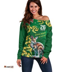 Green Kangaroo and Golden Wattle Personalised Off Shoulder Sweater Happy Australia Day 6 January LT9