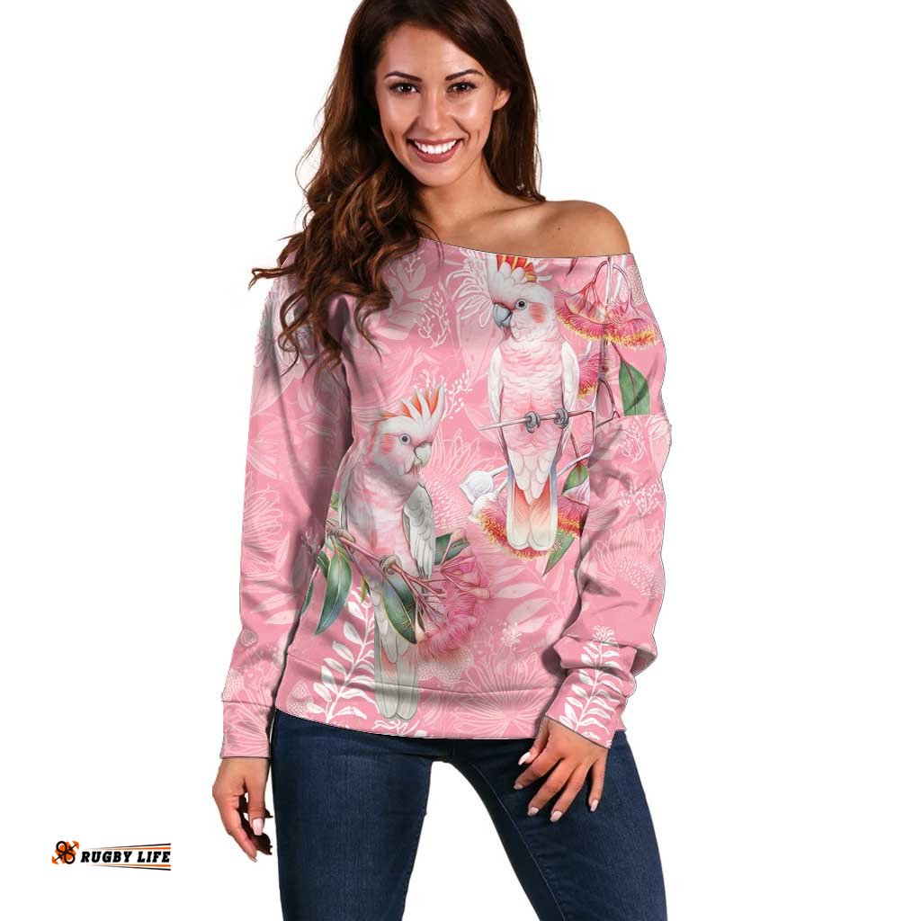 Personalised Galah Cockatoo Eucalyptus Flowers Off Shoulder Sweater Australian Breast Cancer Spirit LT9