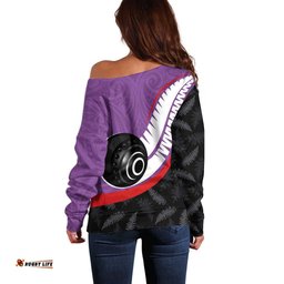 Personalised Aotearoa Lawn Bowls Off Shoulder Sweater Maori and Silver Fern Sporty Style Purple Color LT03
