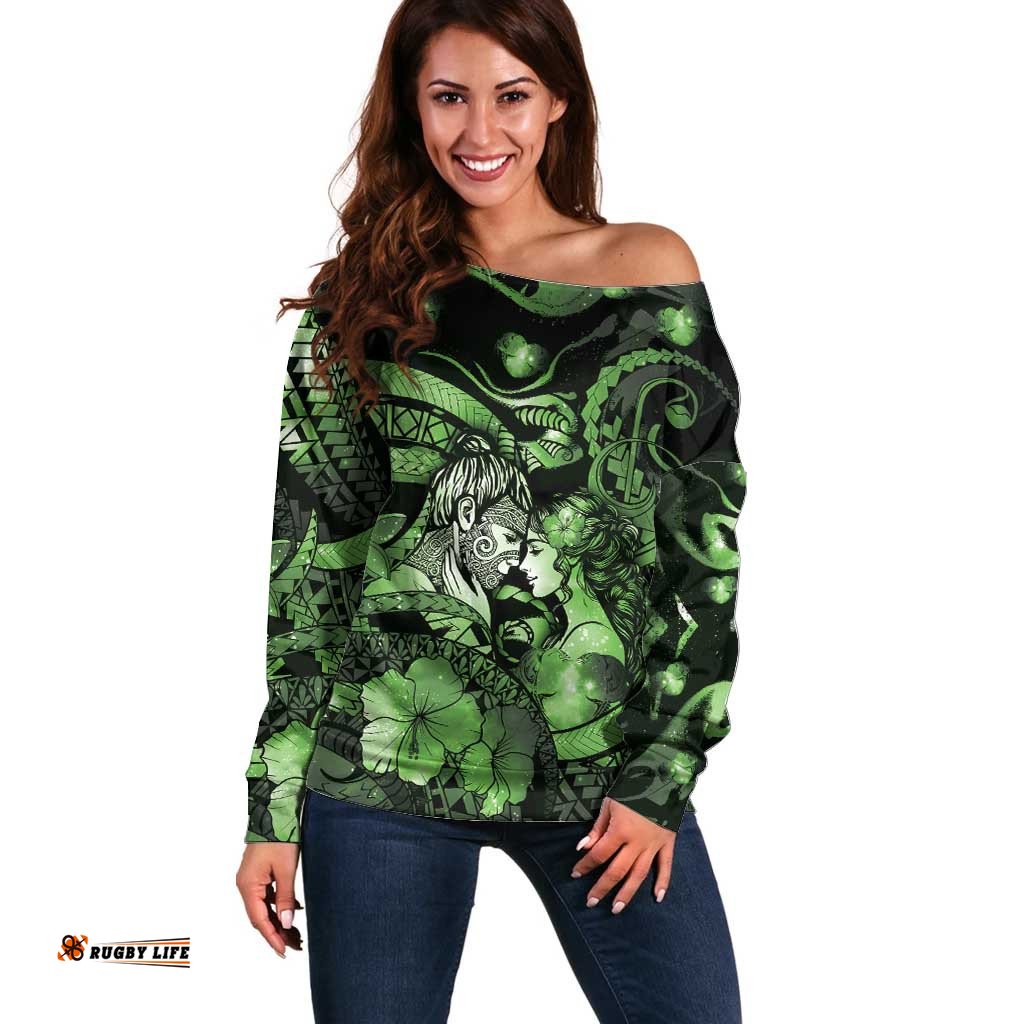 Personalised Maori Romantic Valentine Off Shoulder Sweater The Hongi Kiss Green Galaxy DT05