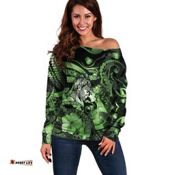 Personalised Maori Romantic Valentine Off Shoulder Sweater The Hongi Kiss Green Galaxy DT05