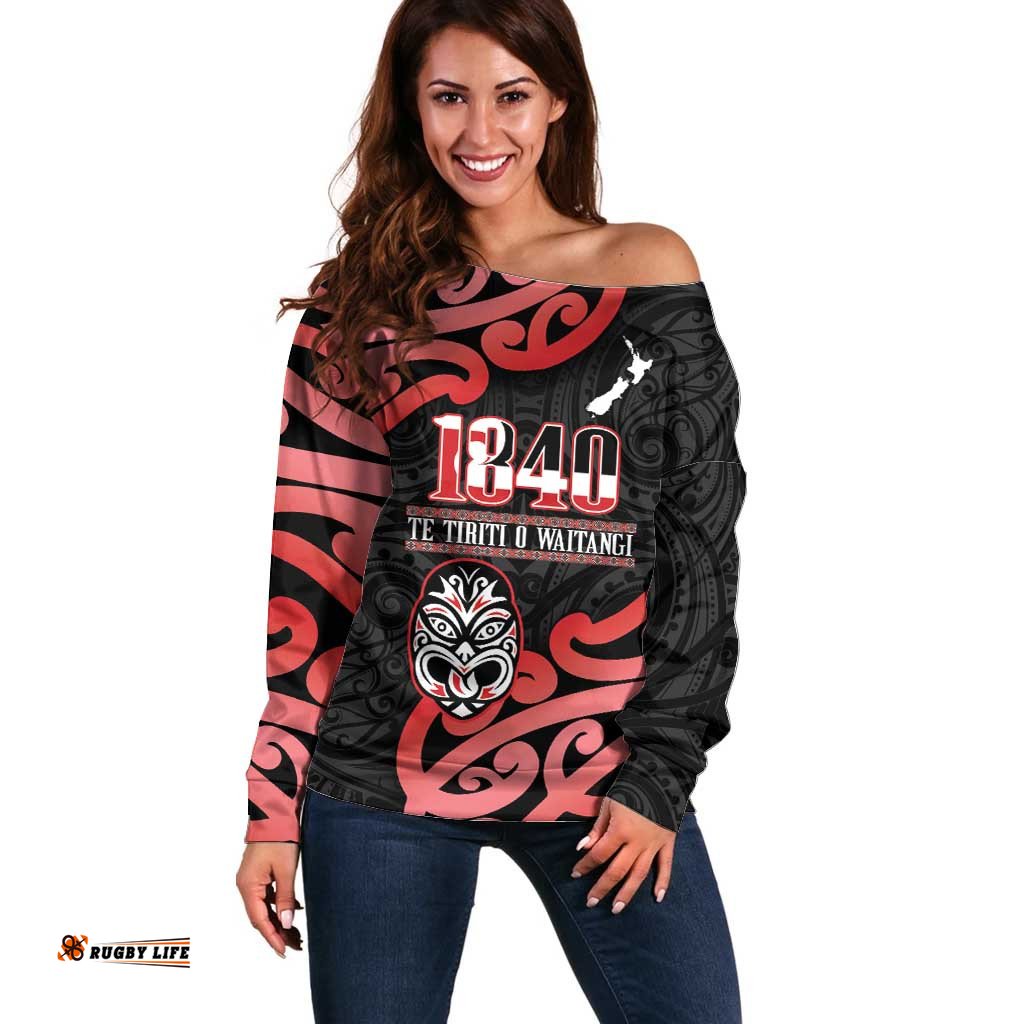 New Zealand 1840 Waitangi Day Off Shoulder Sweater Aotearoa Haka Mask - Red Version LT14