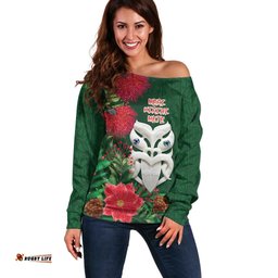 Maori Wheku Meri Kirihimete Personalised Off Shoulder Sweater All Green Indigenous Maori Motif LT9