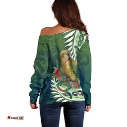 New Zealand Kea Bird Off Shoulder Sweater With Maori Koru Fern LT05