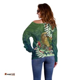 New Zealand Kea Bird Off Shoulder Sweater With Maori Koru Fern LT05