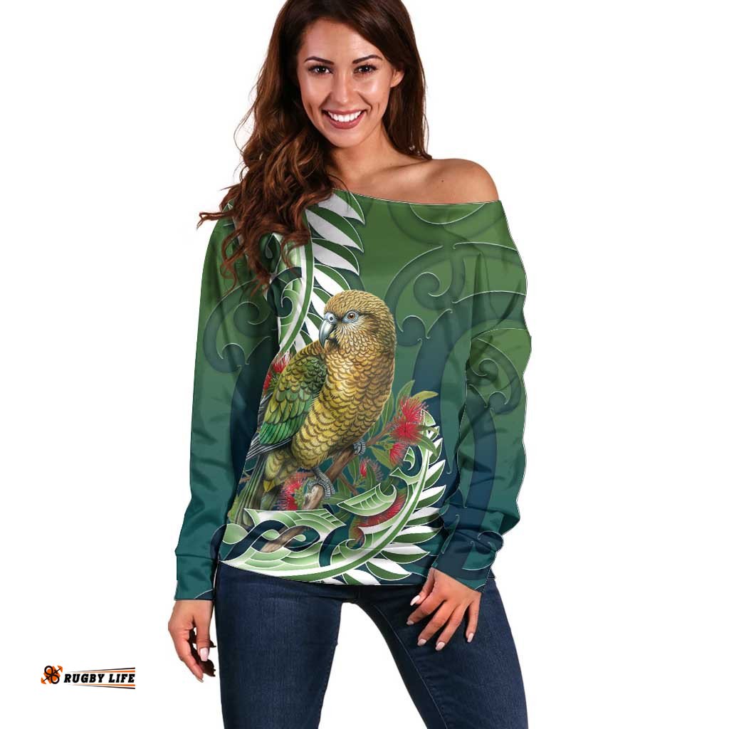 New Zealand Kea Bird Off Shoulder Sweater With Maori Koru Fern LT05