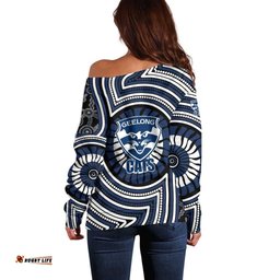 Geelong Cats Off Shoulder Sweater Indigenous Monochrome Dot Art Mascot Style TS04