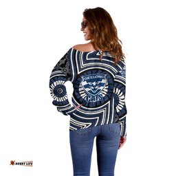 Geelong Cats Off Shoulder Sweater Indigenous Monochrome Dot Art Mascot Style TS04