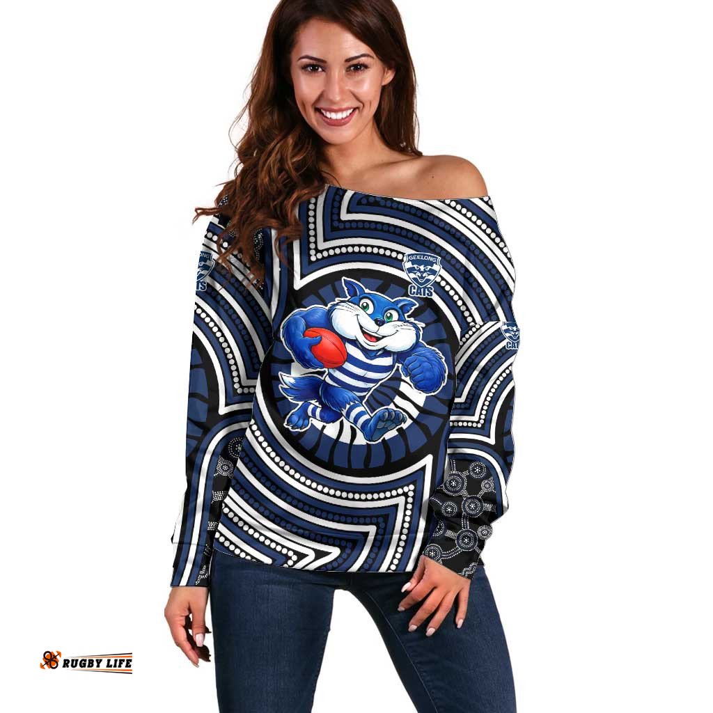 Geelong Cats Off Shoulder Sweater Indigenous Monochrome Dot Art Mascot Style TS04