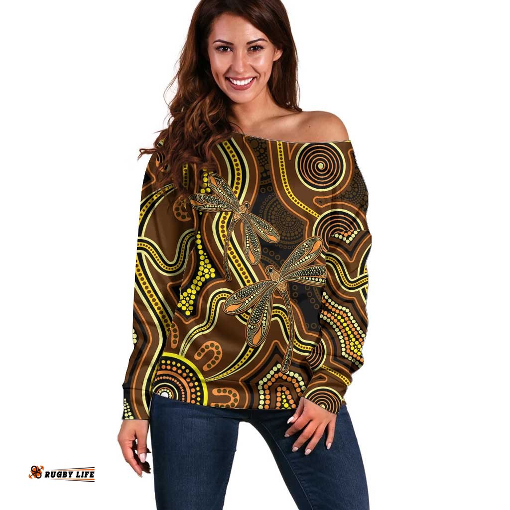 Orange Indigenous Dragonfly Australia Off Shoulder Sweater Aboriginal Art LT14