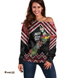 New Zealand Christmas Taniko Poutama Off Shoulder Sweater Flora Map with Birds LT7