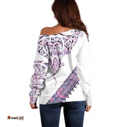 Mawhero Paua shell Kowhaiwhai Taniko Personalised Off Shoulder Sweater Manta Ray Shark-Turtle Maori Tribal Style LT9
