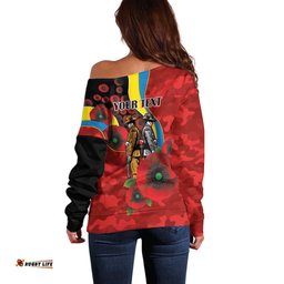 Gold Suns ANZAC Personalised Off Shoulder Sweater Lest We Forget Poppy Camo LT9