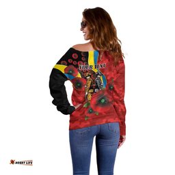 Gold Suns ANZAC Personalised Off Shoulder Sweater Lest We Forget Poppy Camo LT9