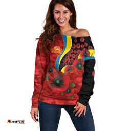 Gold Suns ANZAC Personalised Off Shoulder Sweater Lest We Forget Poppy Camo LT9